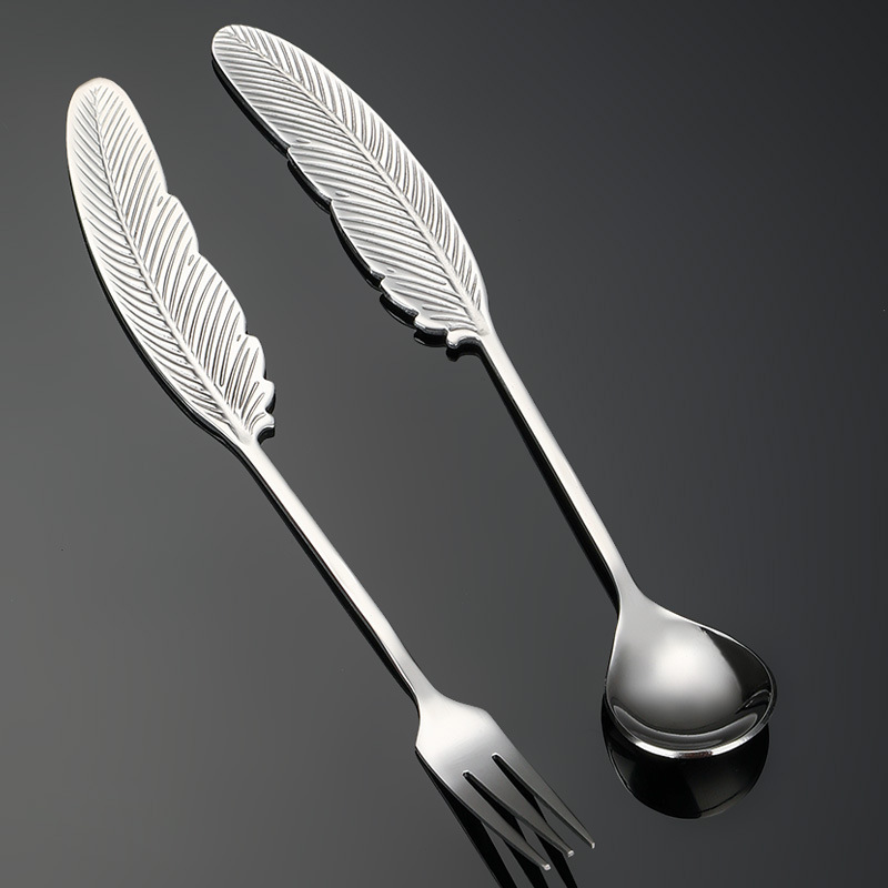 Cuchara de Acero Inoxidable 304 con Diseño de Pluma - Para Café y Postres, Vajilla de Lujo