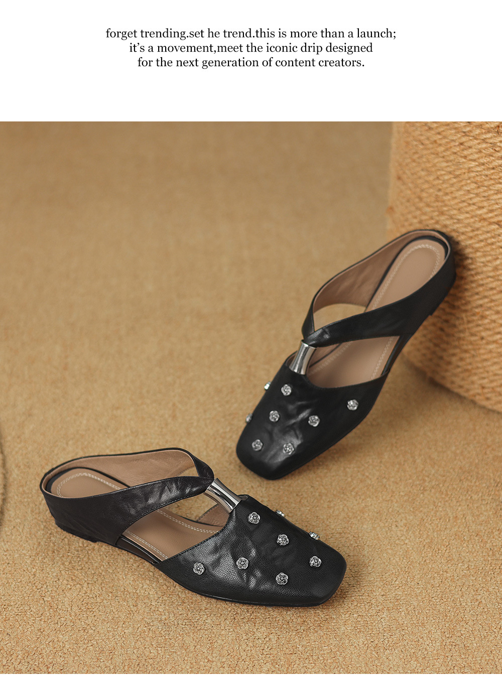 Dép sandal nữ quai chữ V đế bệt da cừu hoa nổi — đen chi tiết 21
