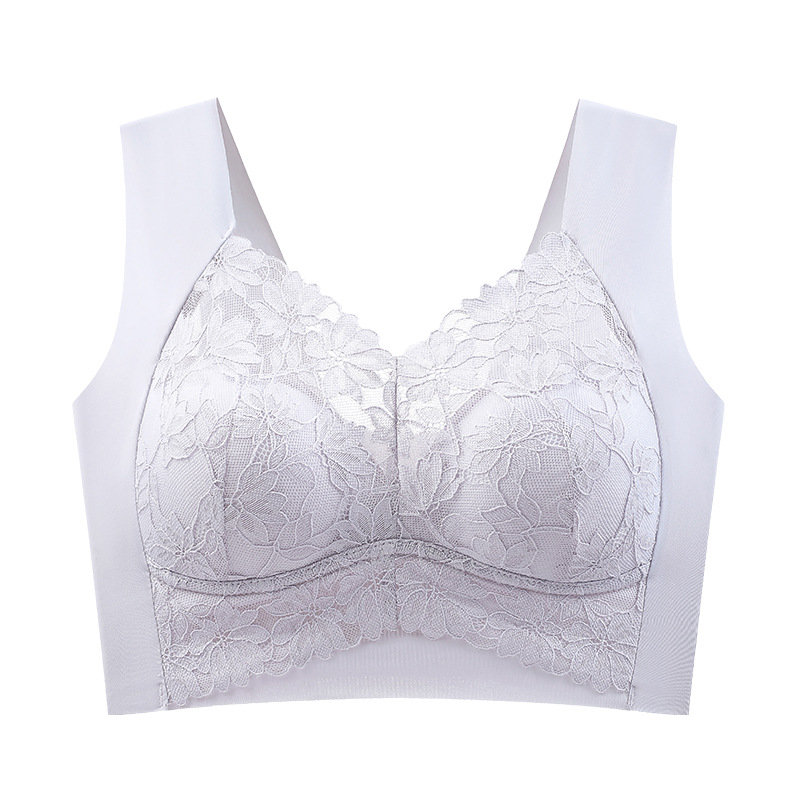 Sujetador sexy de estilo chaleco de encaje trasero con tirantes anchos, copa fija sin anillo de acero, pecho grande, sujetador pequeño