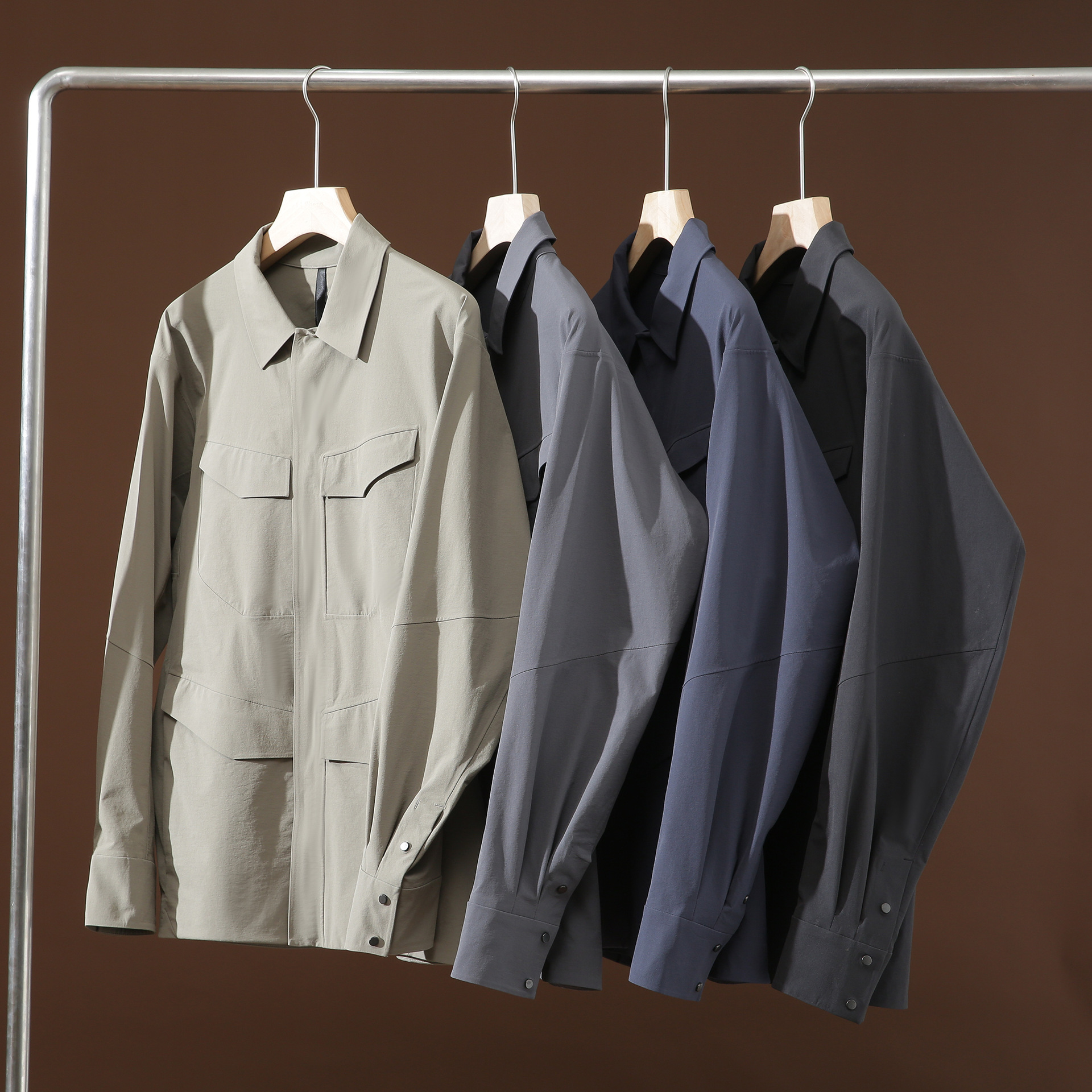 2025 spring and summer new n business version of full pressure plastic men's thin lapel multi-pocket men's coat long sleeve shirt