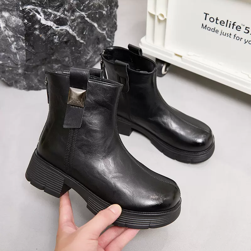 厚底粗跟真皮马丁靴女加绒2025新复古英伦风瘦瘦靴软底增高小短靴
