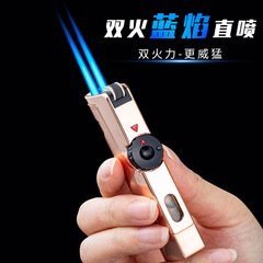 JOBON Double Jet Lighter, New Model with Transparent Tank, Male Sand Wheel Style Blue Flame Cigar Windproof Lighter
