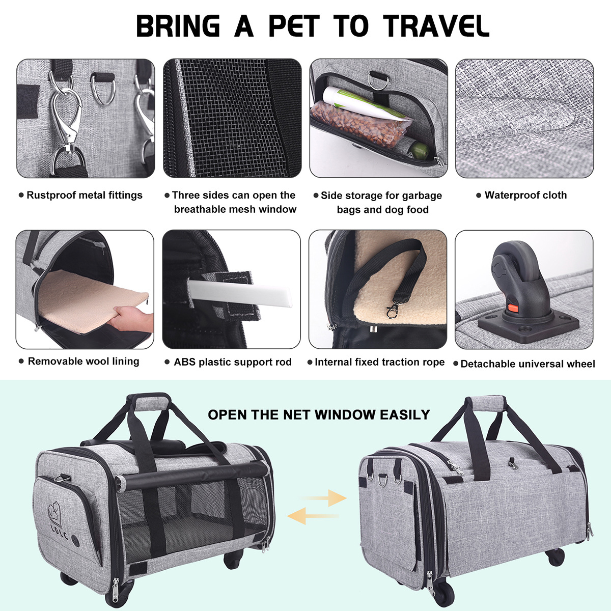 Rueda universal plegable portátil para mascotas bolsa oculta bolsa de perro portátil bolsa de viaje bolsa de gato pequeña jaula para mascotas