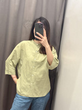 URAZ女装麻混纺立领衬衫7分袖衬衣单排扣上衣空调衫夏新款475653