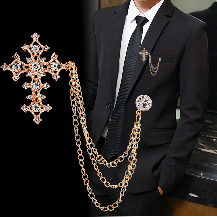 New Lace Diamond Cross Suit Brooch Men's Personalized Chain Tassel Jacket Suit Pin Badge