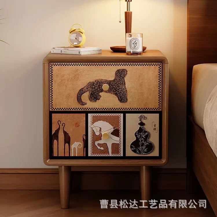 Wooden Bedside Table, Antique Solid Wood Bedroom Bedside Storage Cabinet, Niche Design Double-Layer Storage Cabinet