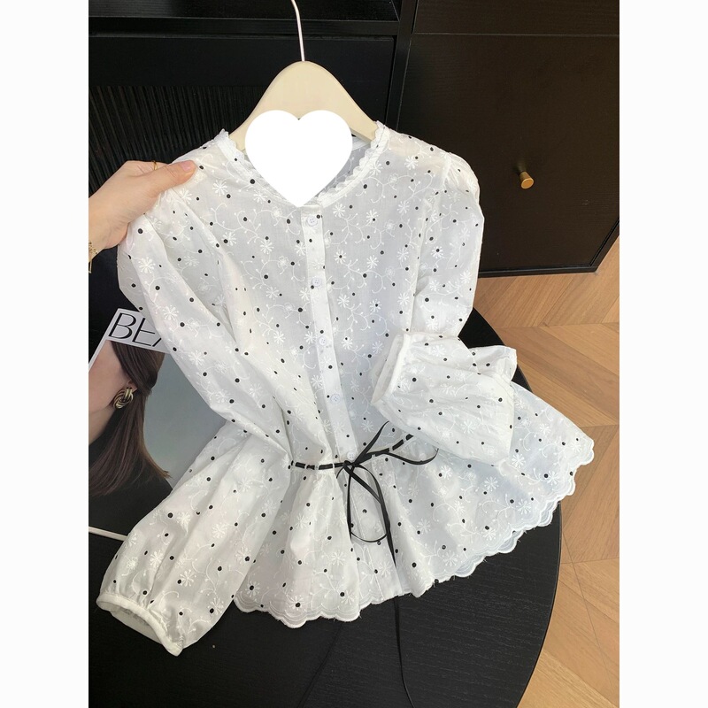 2026 Early Spring New Style French Retro Lace Embroidered Long-Sleeved Shirt for Women with Bow Tie and Waist-Cinching Polka Dot Shirt