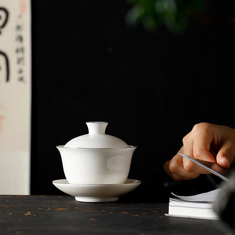 德化陶瓷单盖碗满150ml描金亮白羊脂玉透明釉小知音三才功夫茶具|undefined