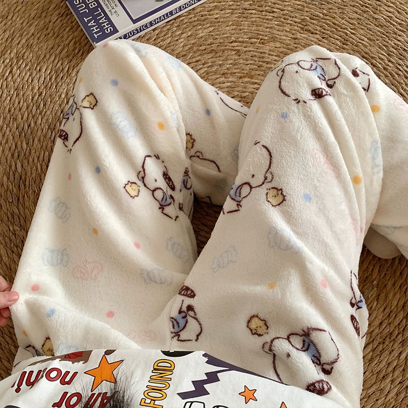 Pantalones de pijama de franela de dibujos animados de otoño y invierno para mujeres con pantalones de lana de coral caliente para estudiantes de lana de invierno para el hogar