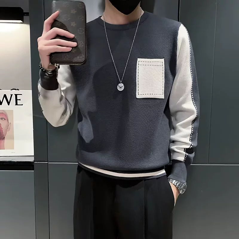 Мужской эластичный цветной вязаный демисезонный базовый свитер, slim fit