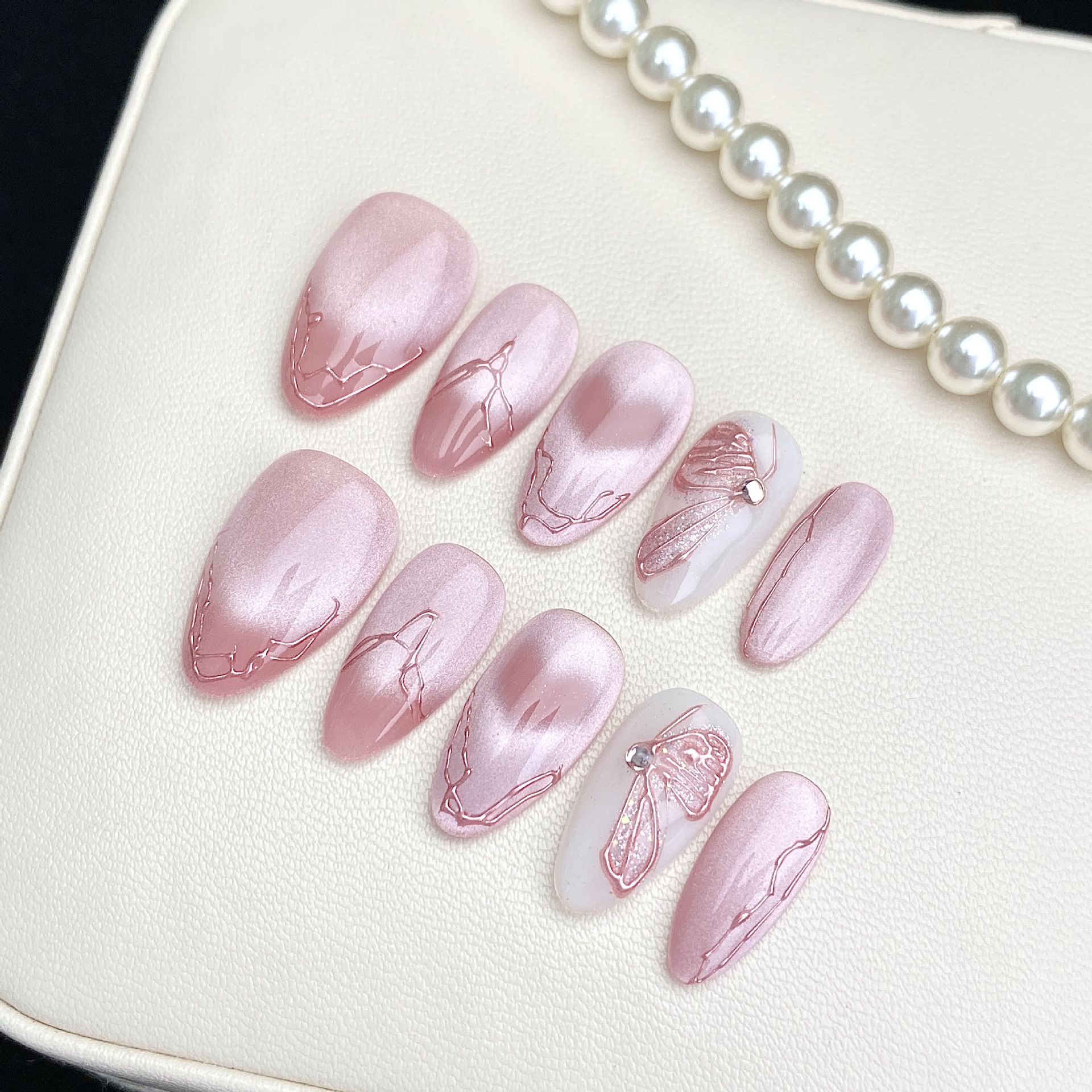 New Style Pure Handmade Wearable Nails, Short Almond-Shaped Nail Art with Sparkling Rhinestones, Hand-Painted Butterfly Nail Pieces, High-End Cross-Border Handmade