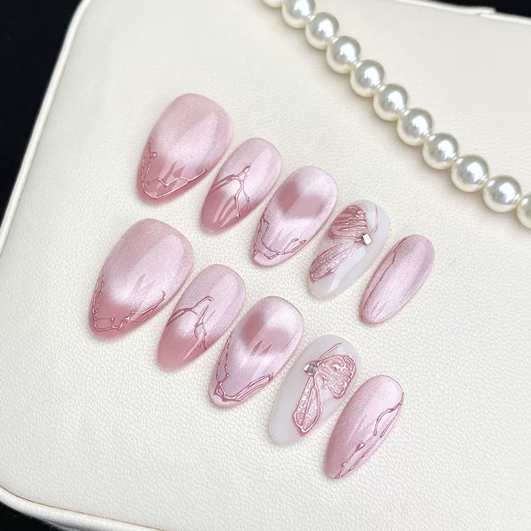 New Style Pure Handmade Wearable Nails, Short Almond-Shaped Nail Art with Sparkling Rhinestones, Hand-Painted Butterfly Nail Pieces, High-End Cross-Border Handmade