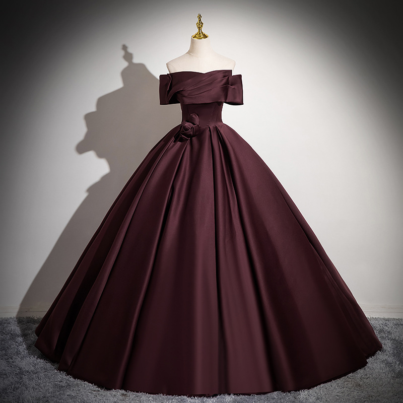 Dark wine red White Evening Dress Dress Women's Toasting Dress Bride's Satin Wedding Dress off-shoulder Vocal Art Test Pontoon Dress