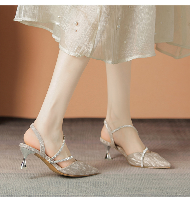 Sandal cao gót nữ mũi nhọn bít mũi đính đá phong cách Pháp — Y781 màu bạc chi tiết 19