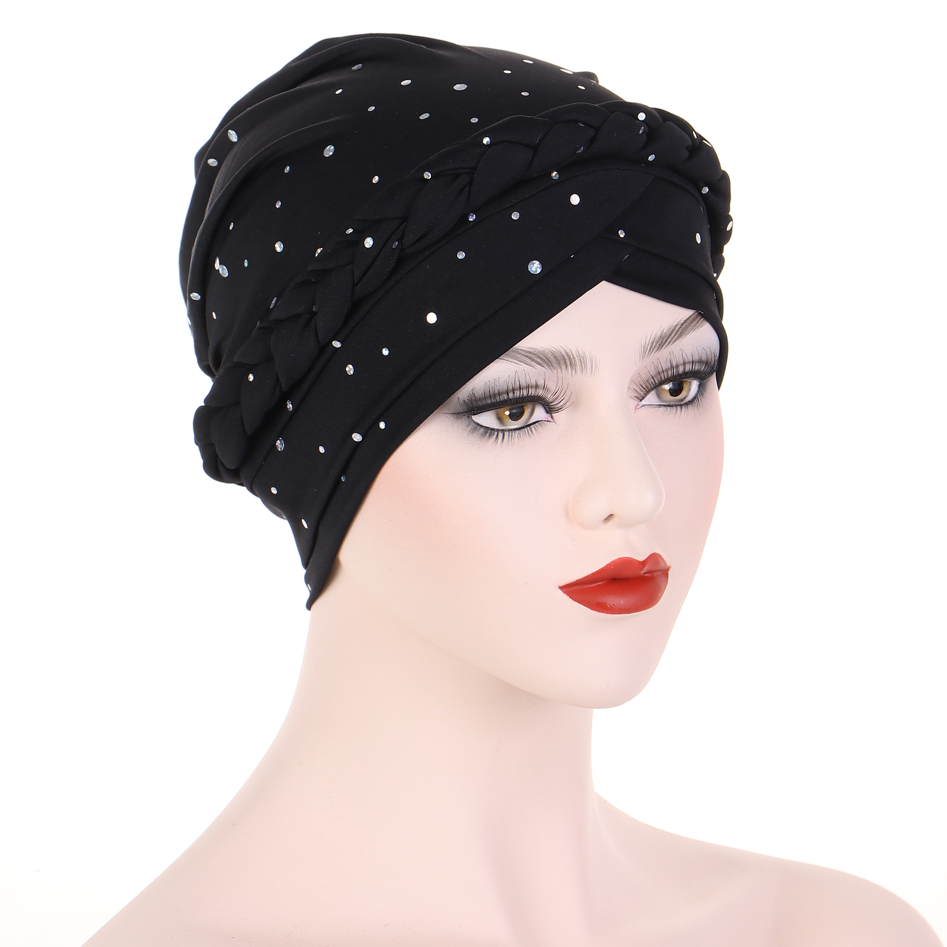Neuer mehrfarbiger Turban-Hut mit Pailletten, einfarbig, muslimischer kleiner Hut, geflochtener Baotou-Hut_voghion.com