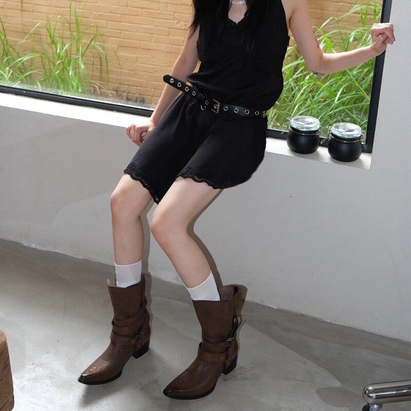 现货~棕色尖头短靴女真皮刺绣西部牛仔靴女做旧废土风中筒靴原创|undefined