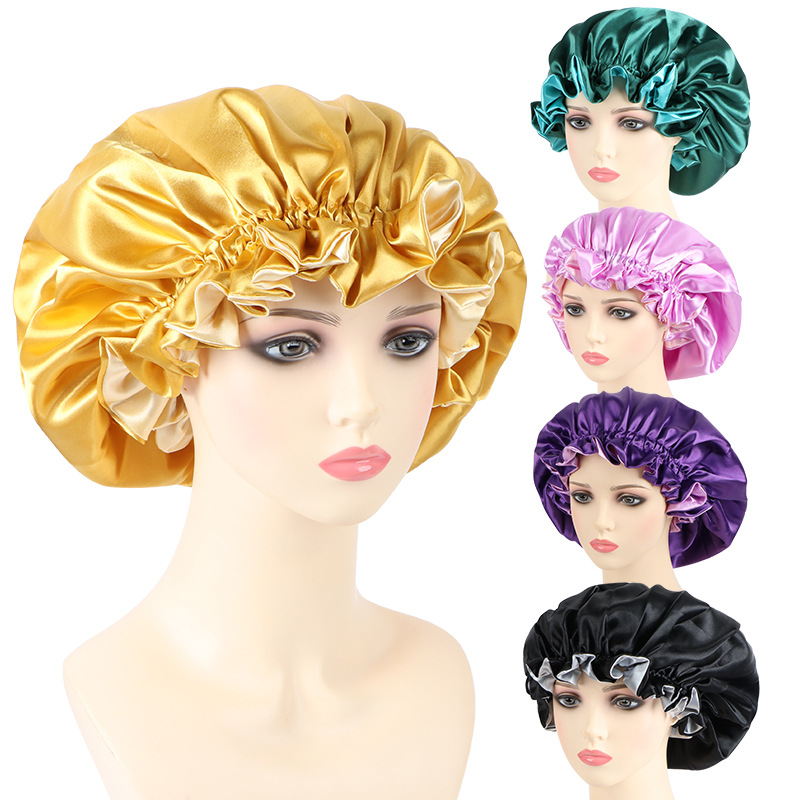 Double layer satin solid color simulated silk nightcap for women…