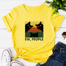 Black Cat Tshirt 欧美时尚黑猫印花T恤女黄色短袖体恤休闲打底衫