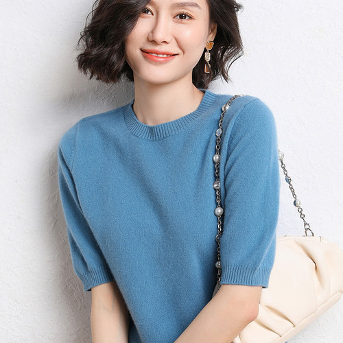 Spring and Autumn New Knitted Short Sleeve Women's Five-Finger Sleeve Round Neck Turtleneck Thin Wool Knitted Base Shirt Half Sleeve Sweater