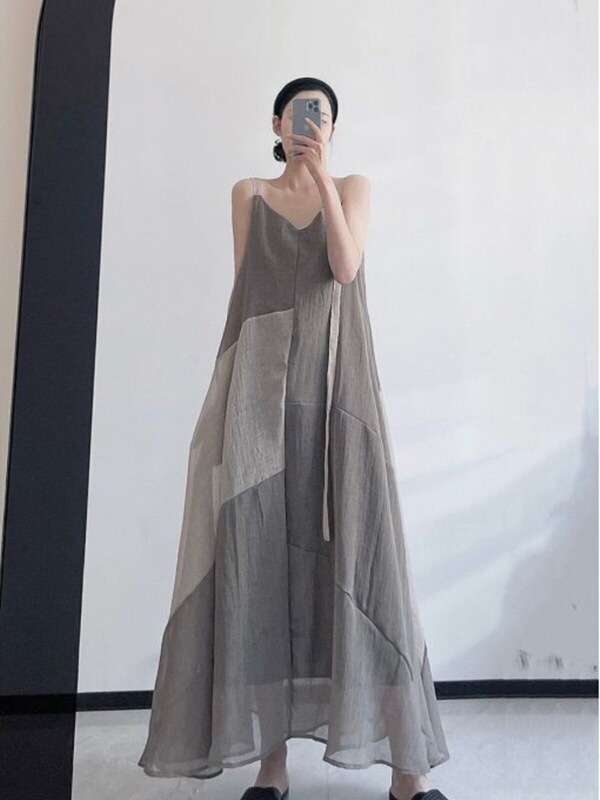 Retro Artistic Color-Blocking Irregular Ultra-Long Spaghetti Strap Dress, Ice Linen Breathable Ankle-Length Sleeveless Dress for Women, Summer New Style