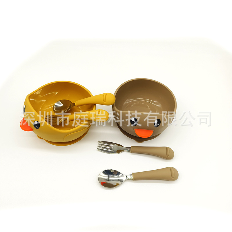 Cuenco de silicona pato suplemento alimenticio Tazón traje 316 tenedor cuchara lindo pollo lechón tazón de bebé resistente a la caída Tazón de cuchara traje