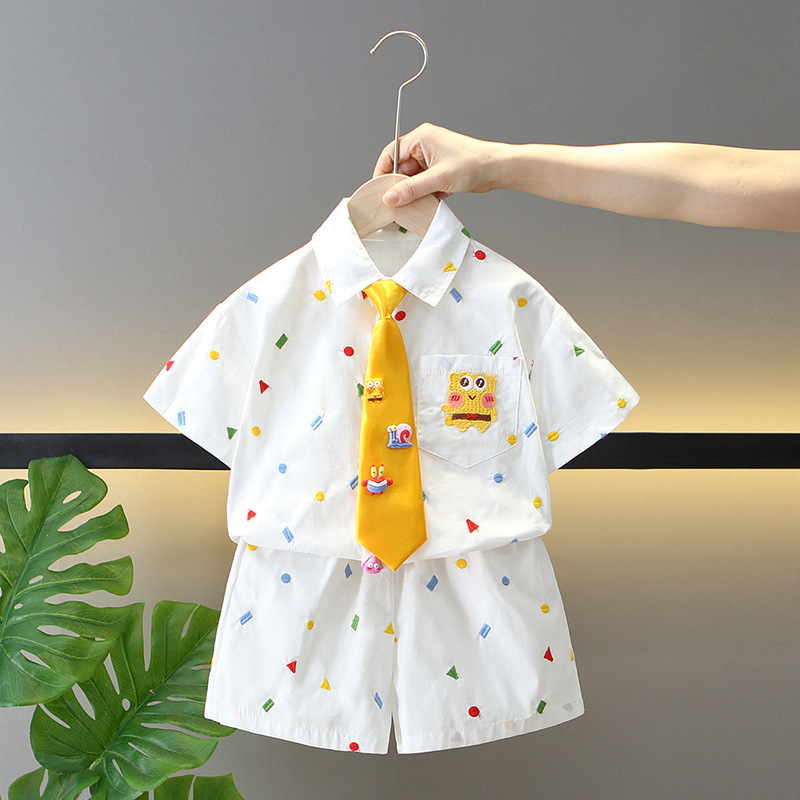 Boys' Short-Sleeved Shirt Suit Summer Style Korean Children's Clothing Spongebob Children's Summer Tie Two-Piece Trendy Set