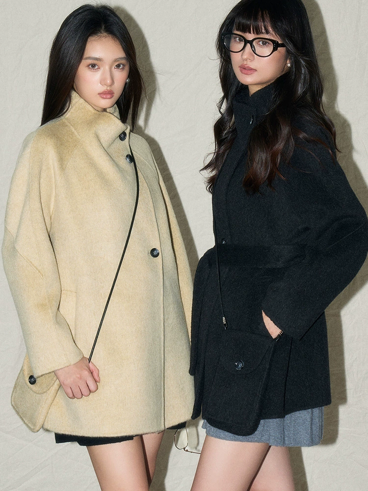 Winter black woolen bag, long double-sided woolen coat, mid-length