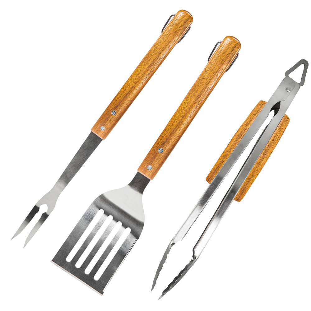 Spot fabricante de herramientas de barbacoa de acero inoxidable juego de pinzas de pala de mango de madera para barbacoa al aire libre juego completo