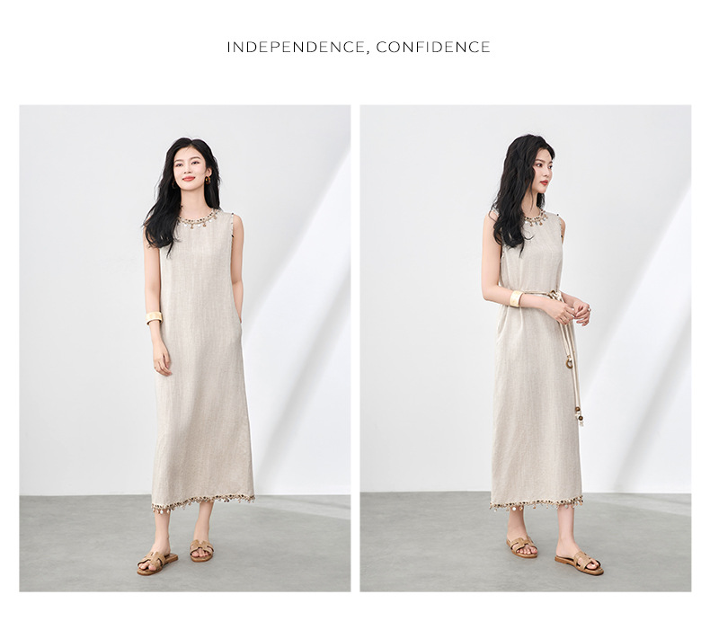 Đầm maxi nữ không tay phong cách Bohemian chất liệu linen tencel phối tua rua — Màu kaki chi tiết 8