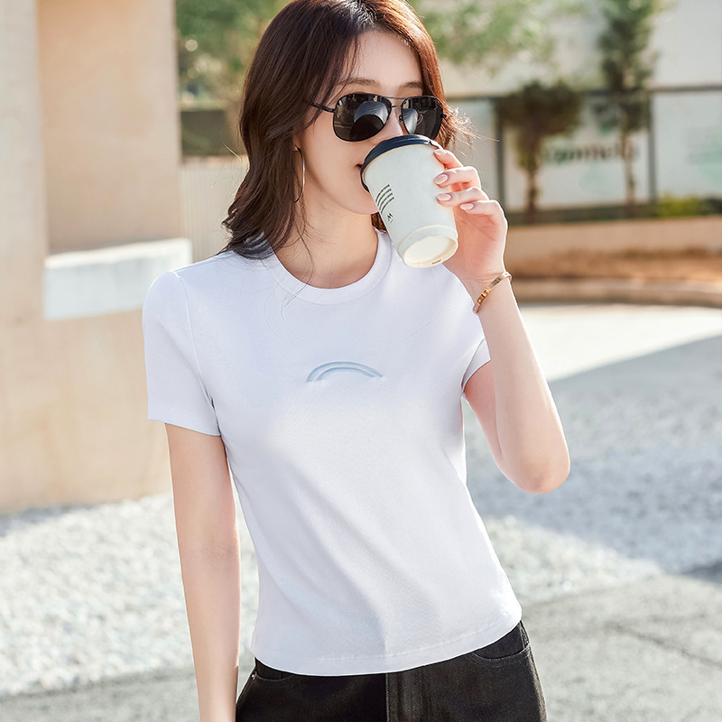 Rainbow Embroidered Short-sleeved Women's T-shirt Small Round Neck Simple Fashion High Waist Short Women's Top All-match Small 219
