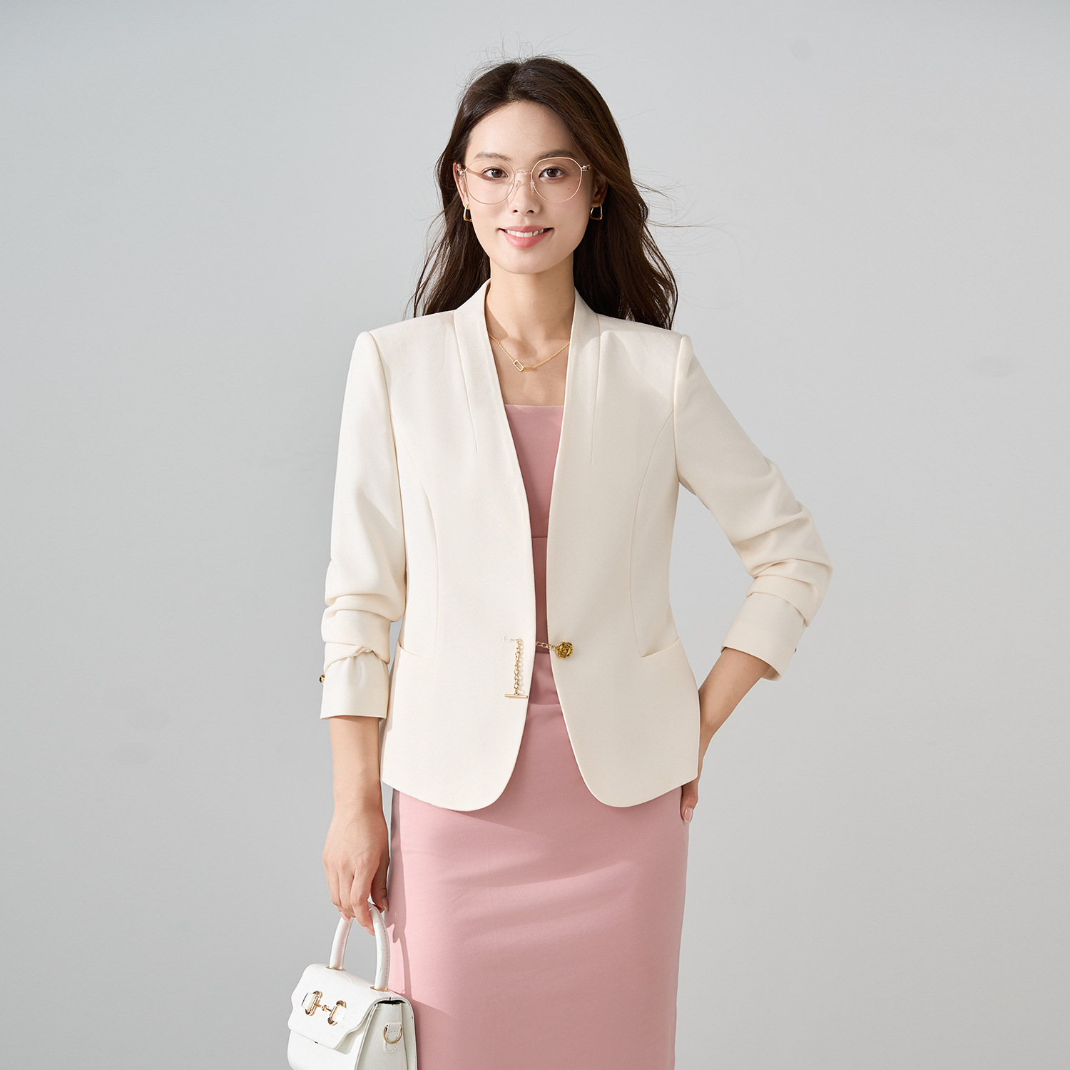 2025 Autumn Clothing Cross-Border Export European and American Small Suit Short Style Small Fragrance Collarless Slim White Suit 25615