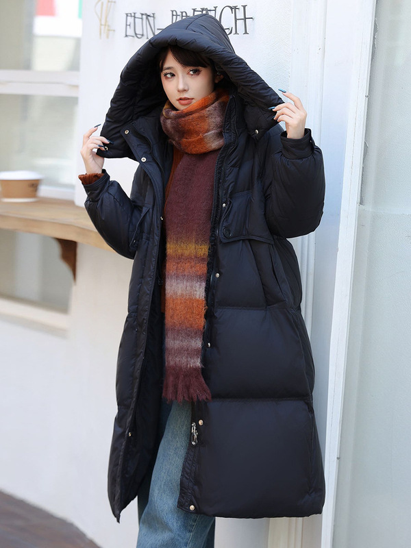 高端鹅绒长款羽绒服女2025冬新款加厚连帽时尚宽松大口袋过膝外套|undefined