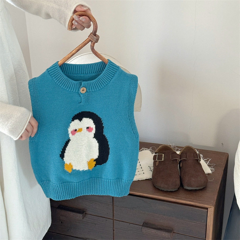 Autumn and Winter Cartoon Button Round Neck Penguin Jacquard Knitted Vest for Boys and Girls Cotton 2025 New Kidsren's Vest Sweater