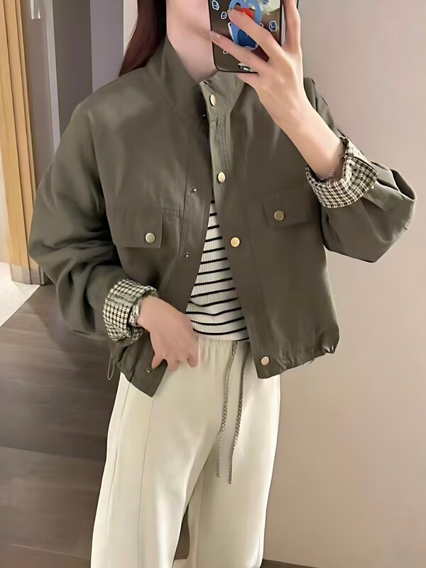 韩系格子拼接立领外套女2025秋季新款短款高级感宽松百搭夹克上衣|undefined