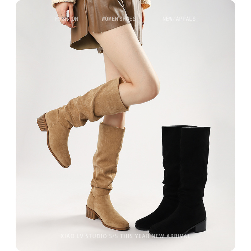 Pleated Slouch Boots for Women, Plus-Size Large Tube Long Boots for Women with Thick Legs, Thick-Soled Riding Boots, Large Size Boots, Sizes 41 to 43 Pleated Slouch Boots for Women, Plus-Size Large Tube Long Boots for Women with Thick Legs, Thick-Soled Riding Boots, Large Size Boots, Sizes 41 to 43