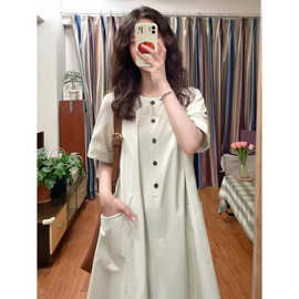 米黄色棉麻衬衫连衣裙女夏季日系文艺风裙