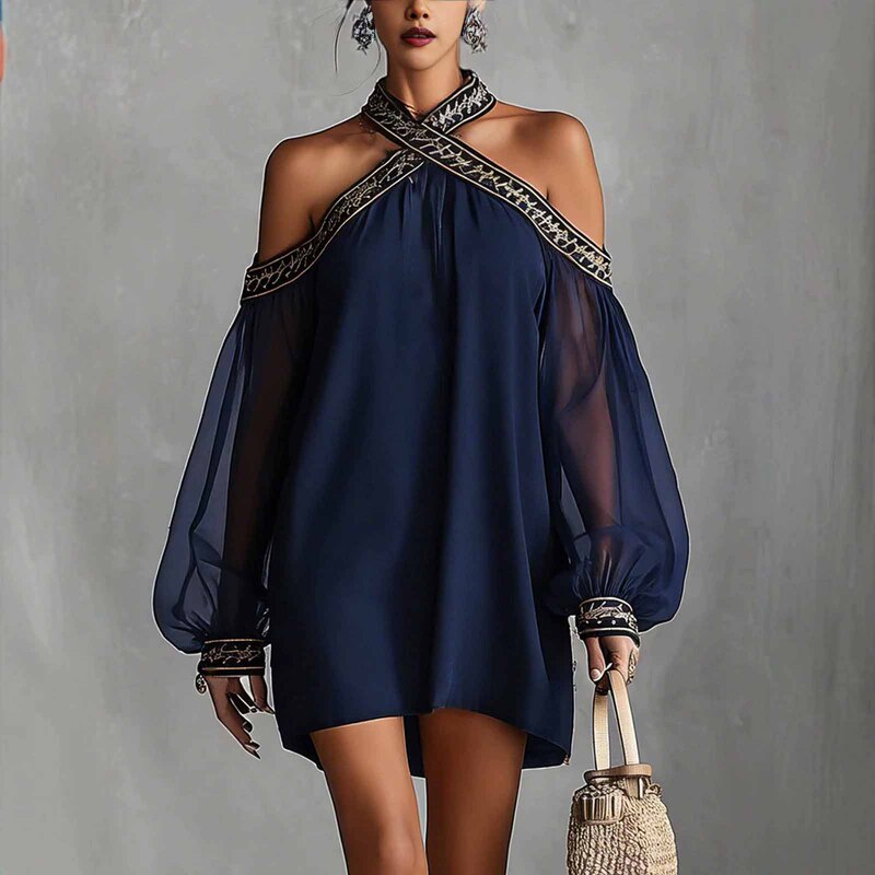 In-Stock European and American Cross-Border Amazon Independent Site Western Bohemian Embroidered Off-Shoulder Halter Chiffon Dress