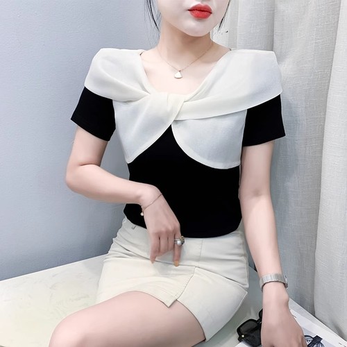 【40 Pieces Cozy Cotton Ribbed 1x1 T-shirt for Women Short Sleeve 2025 Summer Design-Filled Tie-Up Top Trendy】