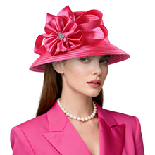 跨境教堂帽时尚网纱花朵大沿帽遮阳防晒帽子女士出游沙滩帽卷边帽