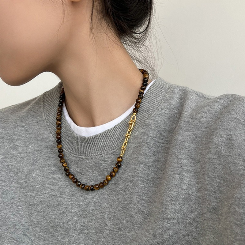 美拉德風輕奢復古虎眼石項鍊高級感感馬蹄扣串珠毛衣鏈女頸鏈飾品