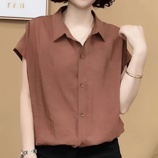 Trendy and Stylish New Short-Sleeve Chinese-Style Slimming Tummy-Covering Casual Cardigan Solid Color Shirt Top for Women in Gray