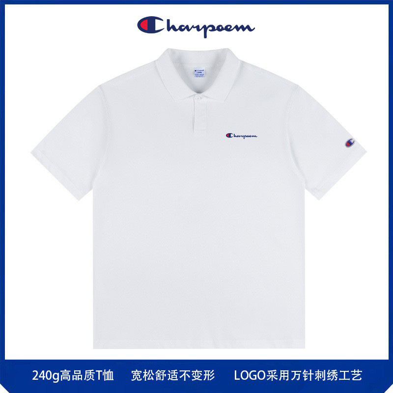 Champion Graffiti 2025 Summer Heavyweight 240g Trendy Brand Pure Cotton Short-Sleeved Polo Shirt Men's Couple Embroidered Loose Top