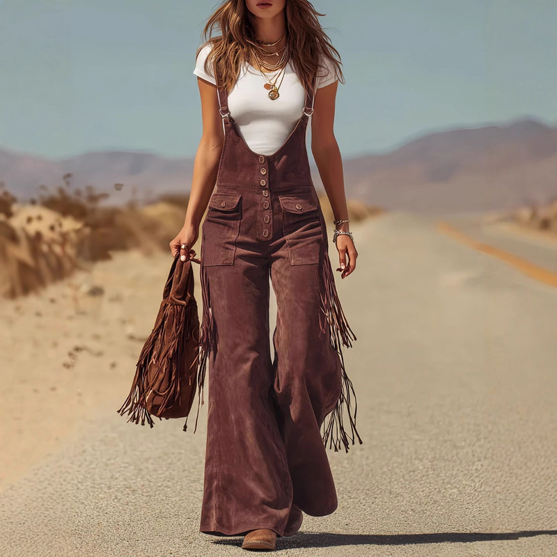 Amazon's Popular Cross-Border European and American Women's Retro Western Suede Fringe Wide-Leg Overalls Cargo Pants Long Pants