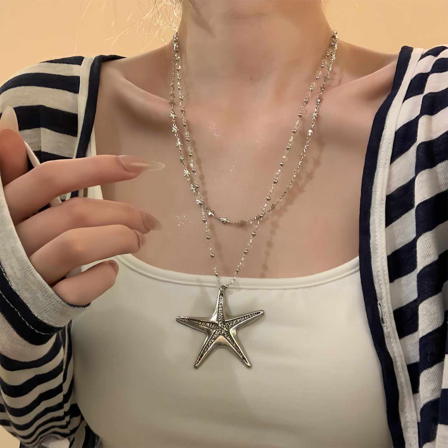 Seaside Double-Layer Starfish Beaded Pendant Necklace for Women Summer Long Style with Skirt Sweet Cool Sexy Style Stacked Accessories Necklace