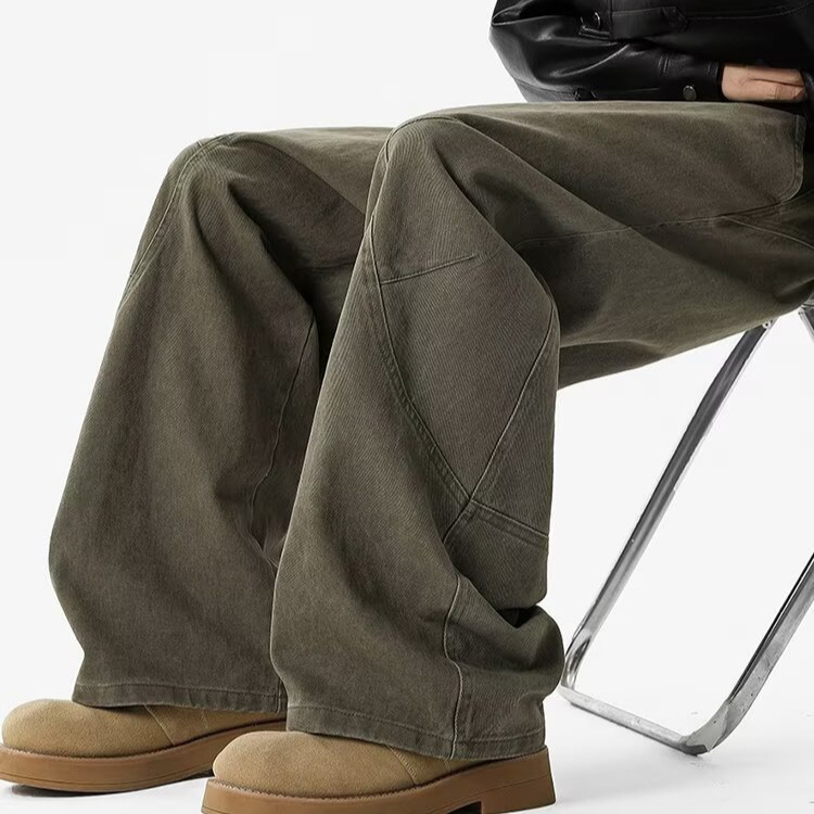 Army Green Deconstructed Patchwork Cargo Pants for Men, Spring and Autumn American Retro High-End Washed Straight Wide-Leg Scimitar Pants