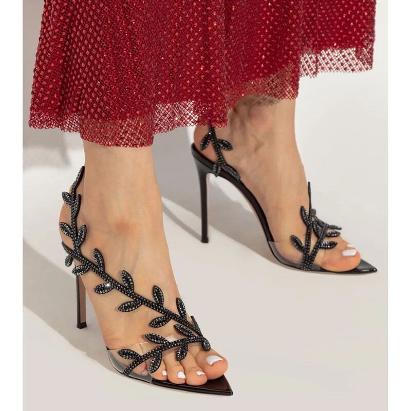 Foreign Trade Cross-Border 25 Summer Leaf Hot Diamond Rhinestone High Heels Female Fairy Style One-Line Strap Stiletto Pointed Toe Open-Toe Sandals