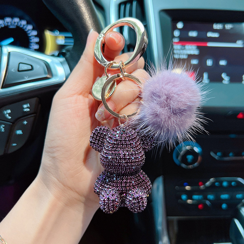 Nuevos productos de moda lindos viento gran botón redondo visón completo diamante osos llavero creativo pareja llavero colgante regalo