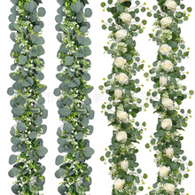 跨境仿真藤条 金钱桉树叶假花绿植圣诞悬挂藤蔓花环婚礼家居装饰