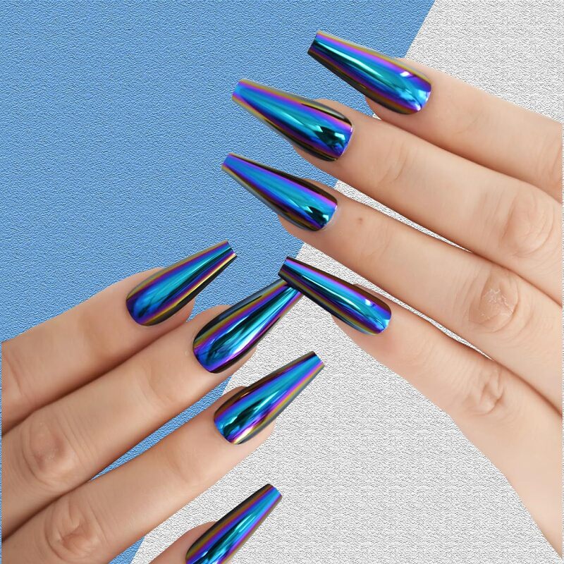 Blue Chrome Nail Metal Mirror Long Coffin Nail Art Aurora False Nail Super Long Women's Nail Art Finished Products