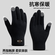 触屏手套男士冬季骑车防寒毛线双层加厚加绒冬天学生保暖骑行简约